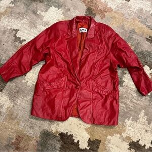 Chia Vintage Red Genuine Wrinkled Leather Oversized Lined Women Jacket Size XL